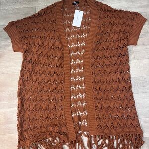 BloomChic Rust Open Knit Cardigan with Fringe
